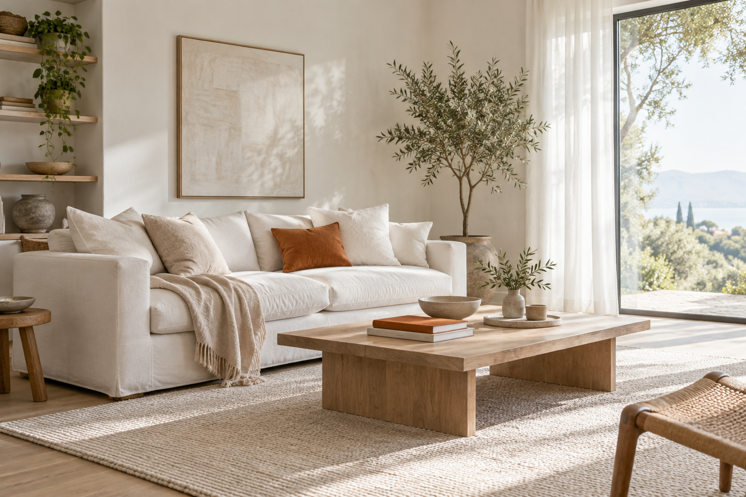 A bright living room with a white linen sofa, a low wooden coffee table, and soft afternoon light.